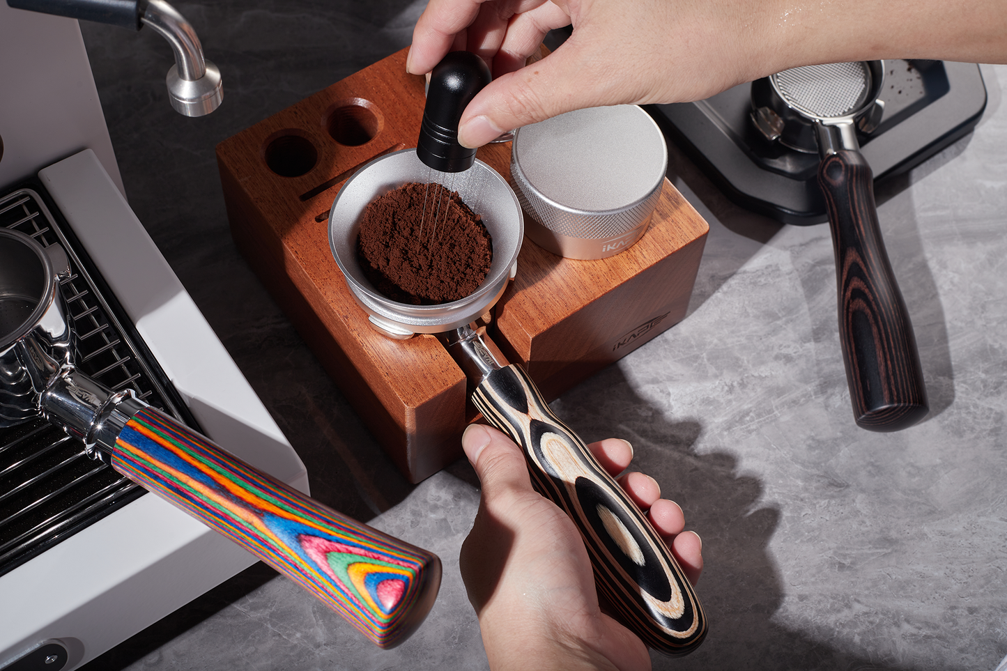 IKAPE Espresso Bottomless Portafilter Colorful Wooden Handle--Pearl White